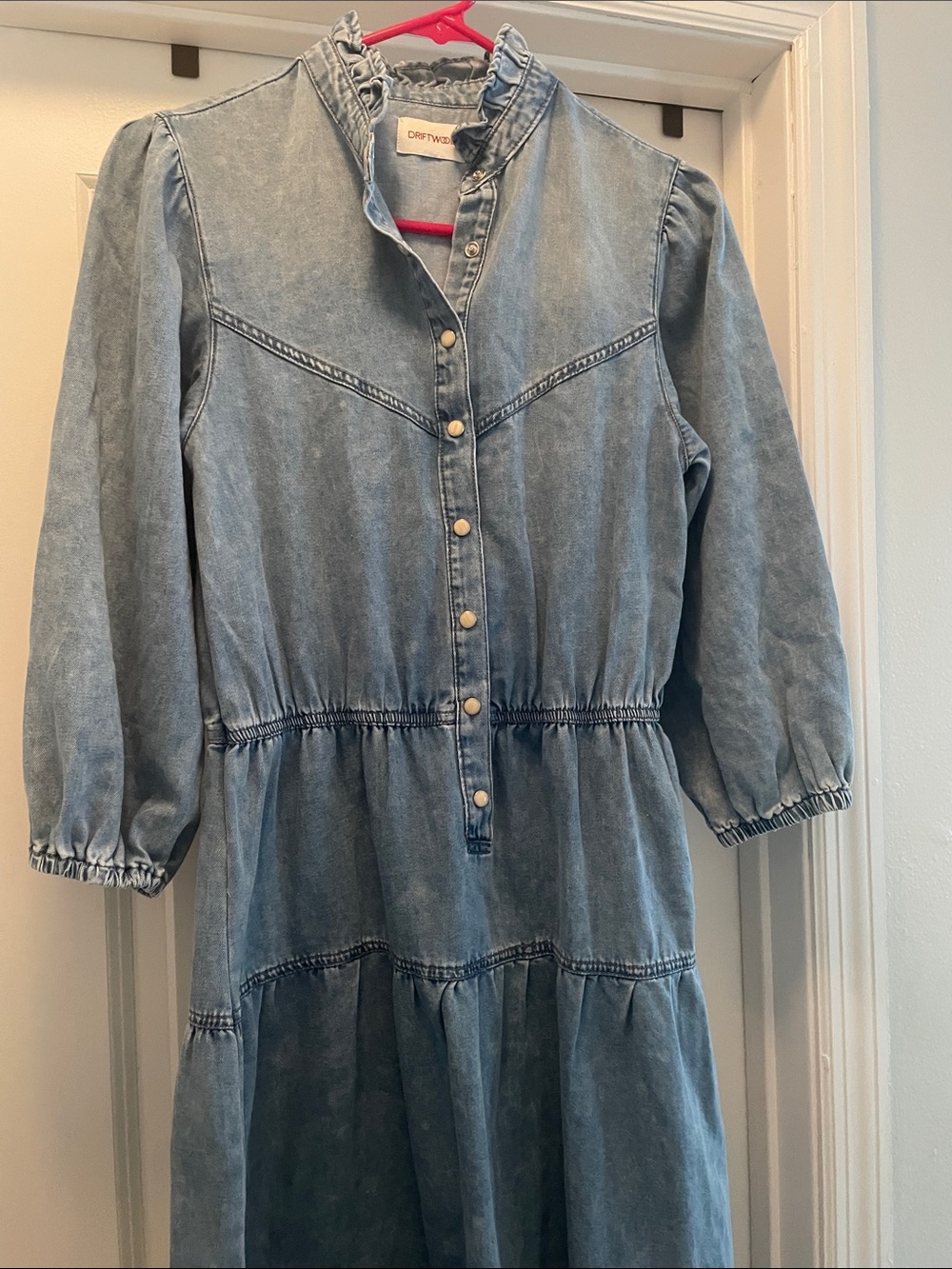 DRIFTWOOD Faded Blue Denim Midi Dress with Ruffle Collar